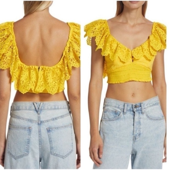 NWT! Alice + Olivia Bleeker Ruffled Lace Crop Top Sunbeam Yellow Smocked🌼 XS - Picture 2 of 16
